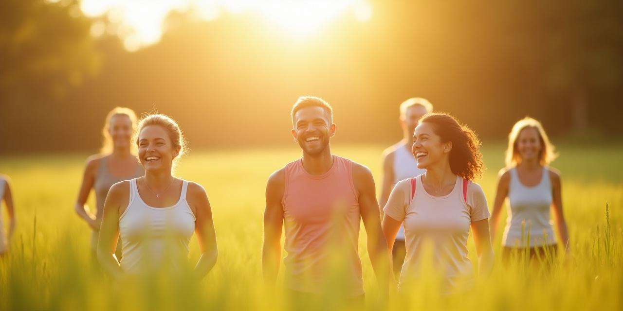 A diverse group of happy individuals engaging in a wellness activity outdoors, conveying community and joy.