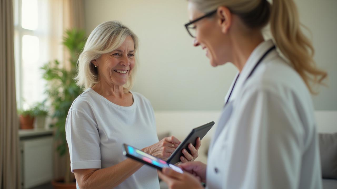 A serene elder woman thoughtfully reviewing results on a tablet, surrounded by natural, soft light, symbolizing personalized health insights.