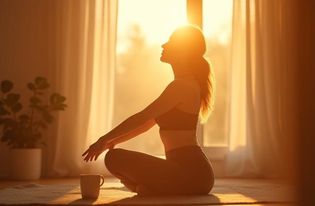 A serene person practicing mindfulness in the morning sun.