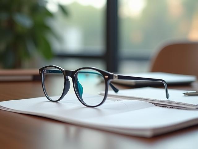 Stylish blue light blocking glasses on a wooden desk.