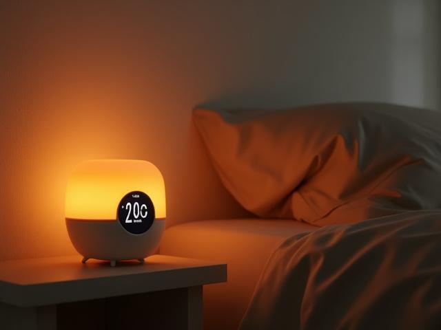 A modern 'sunrise' alarm clock gently illuminating a bedroom.